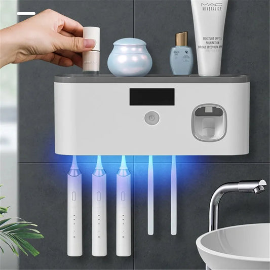 Optimize product title: Smart UV Toothbrush Sterilizer with Toothpaste Dispenser - Bathroom Organizer and Home Accessories